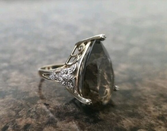 Large Smokey Quartz With Micro Diamond 10k Yellow Gold Cocktail Ring Vintage - Picture 3 of 11